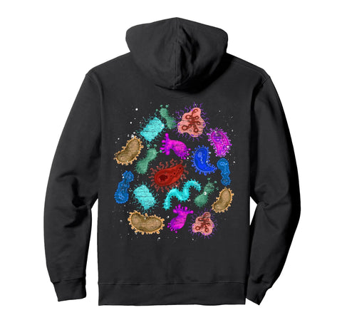 Back view of Microbiology Lab Science Hoodie For Biology Fans, Bacteria Design Pullover, featuring colorful bacteria patterns