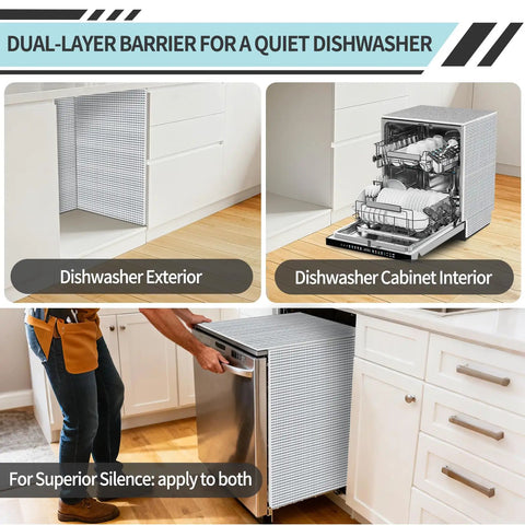 Dishwasher Noise Knockout Insulation Pad 13 X 79 Inch Self Stick Pef Foam Sheet applied to dishwasher exterior and cabinet for noise reduction.
