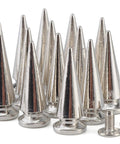 Twenty Pairs Of One Inch Silver Zinc Alloy Bullet Cone Spike Studs With Heavy Duty Iron Screws For Sick Punk Rock Leather And Kickass Streetwear Custom Accents Includes Quick Setup Tools close-up view of silver cone spikes and screws