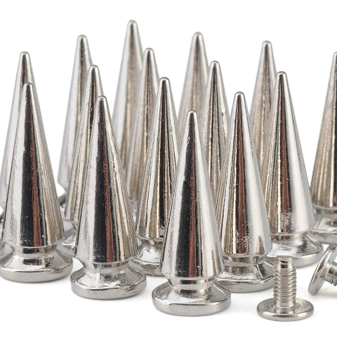 Twenty Pairs Of One Inch Silver Zinc Alloy Bullet Cone Spike Studs With Heavy Duty Iron Screws For Sick Punk Rock Leather And Kickass Streetwear Custom Accents Includes Quick Setup Tools close-up view of silver cone spikes and screws