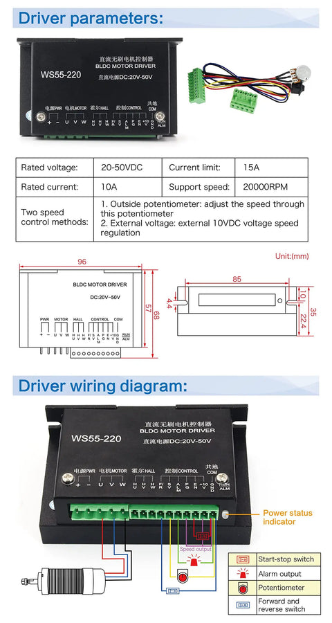 Beefy Air Cooled DC Brushless Spindle Motor Kit For CNC Router with driver parameters and wiring diagram