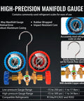 VTG VOGTEN HVAC manifold gauge set with dual gauges on brass body, blue left and red right, hanging hook and three hoses