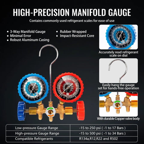 VTG VOGTEN HVAC manifold gauge set with dual gauges on brass body, blue left and red right, hanging hook and three hoses