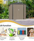 6x4 Ft Outdoor Metal Storage Shed With Lockable Door And Sloping Roof For Patio And Lawn Backyard Waterproof Garden Tool Shed With Breathable Vents And Extra Interior Space Built To Last In A Durable Brown Finish surrounded by plants.