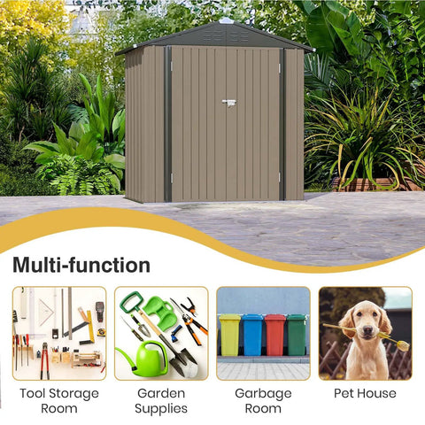 6x4 Ft Outdoor Metal Storage Shed With Lockable Door And Sloping Roof For Patio And Lawn Backyard Waterproof Garden Tool Shed With Breathable Vents And Extra Interior Space Built To Last In A Durable Brown Finish surrounded by plants.