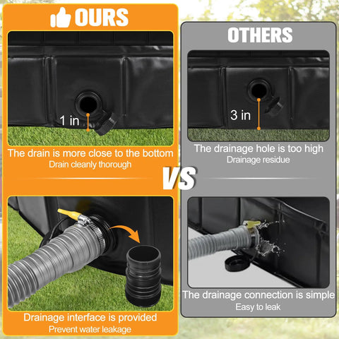 Comparison of drain systems; Upgraded Portable Shower Pan 41 By 41 By 5 Inch Rugged Non Slip Base With Drain Hole visible.