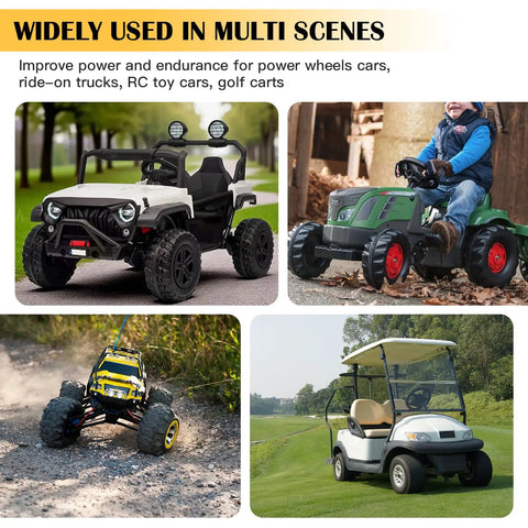 Image showing power wheels, ride-on toys, RC cars, and a golf cart illustrating uses for 20V To 12V DC Step Down Converter Kit.