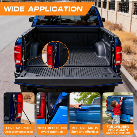 Ford F150 Tailgate Assist Shock Kit With Slow Down Damper installed on open tailgate, showing dampers and truck bed