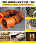 High Velocity Portable Axial Blower With 16 Ft Duct Hose next to images of tunnels, factories, warehouses, and shipyards