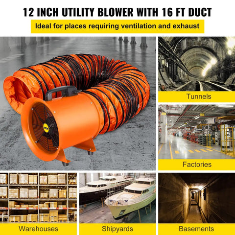 High Velocity Portable Axial Blower With 16 Ft Duct Hose next to images of tunnels, factories, warehouses, and shipyards