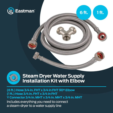 Steam Dryer Hookup Kit With 3/4 Inch FHT Fill Hose 90 Degree Elbow And 6 Ft Braided Stainless Steel Hoses Model 41025