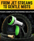 Non-Expandable 75 Feet Stainless Steel Garden Hose With Durable Fabric Skin coiled with 10 Way Spray Nozzle on green background