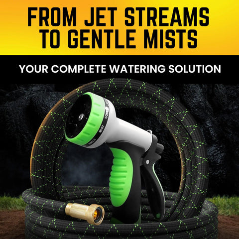 Non-Expandable 75 Feet Stainless Steel Garden Hose With Durable Fabric Skin coiled with 10 Way Spray Nozzle on green background