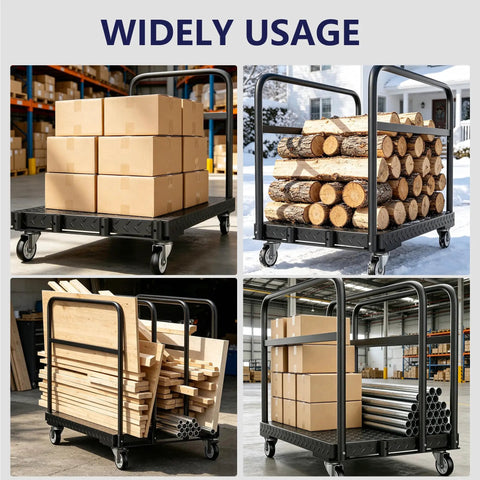 Heavy Duty Panel Push Cart Builds Tough Converts To A Flatbed Dolly Hauls 1500 Pounds Of Lumber Plywood And Bulky Gear Without The Sweat For Any Real Life Worksite with boxes, logs and wood boards.