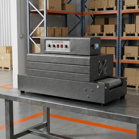 AOXHUGB Electric Heat Shrink Tunnel Machine With Heavy Mesh Conveyor Belt For Square Packaging, side view on a table.