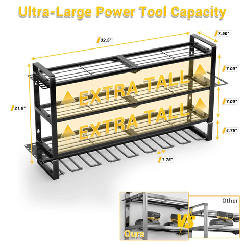 4 Layer Extra Tall Power Tool Organizer Wall Mount 400lbs Capacity Heavy Duty Metal Rack With 8 Cordless Drill Holders