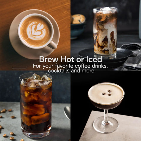 Four coffee drinks including cappuccino, iced coffee, milk-froth topped coffee, and espresso martini displayed on a table.