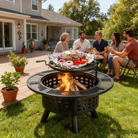 36 Inch Outdoor Fire Pit With Grill And Lid Wood Burning Fire Pit Table 3 In 1 Metal Fire Pit With Cooking Grate And Fire Poker For Bonfire Yard BBQ Jet Black in use, grilling food with people enjoying the backyard.