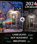 Comparison of upgraded 2024 laser lights showing bright multicolor dots on house with vivid colors and smooth movement.