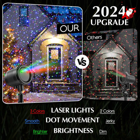 Comparison of upgraded 2024 laser lights showing bright multicolor dots on house with vivid colors and smooth movement.