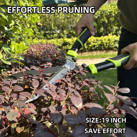 Pro Grade Hedge Clippers For Easy Pruning And Shaping Hedges With Sharp Blades, Non Stick Coating, Alloy Steel shown cutting shrubs
