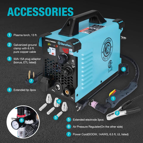 40 Amp Non-Touch Pilot Arc Plasma Cutter With Dual Voltage 120 Volt And 240 Volt IGBT Inverter, Digital Display, accessories shown