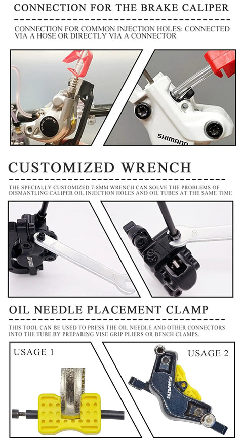 All Brakes Hydraulic Disc Brake Bleed Kit With Universal Adapters showing connection tools and attachments for SRAM and others