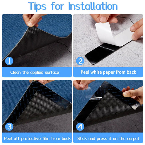 Instructional guide for installing 32 Piece Rug Gripper Set Anti Slip Corner Pads And Washable Sticky Protectors For Hardwood Floors And Tile