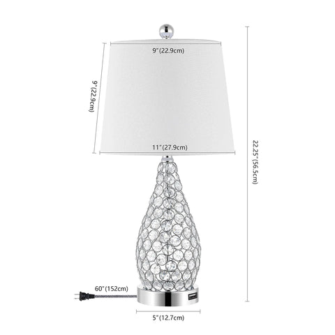 Midcentury Modern LED Table Lamp Set Of 2 With USB Charging Port Gourd Clear And Chrome Finish Iron Frame Linen Shade 22.25 Inch LED Bulbs Included Lit Nightstand Lamps featuring detailed measurements of one lamp showing clear gourd base and linen shade with USB port