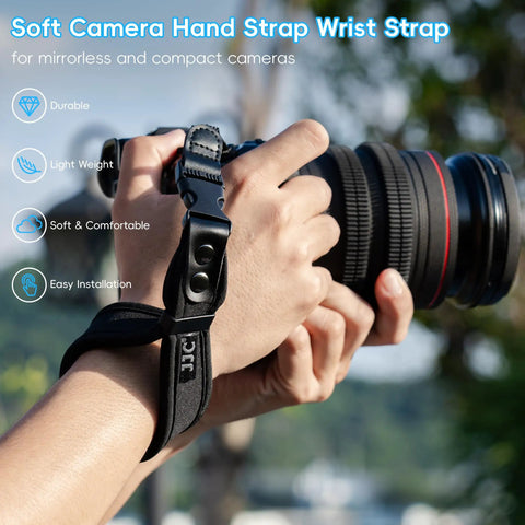 Quick Release Soft Neoprene Camera Hand Wrist Grip Strap for Lightweight DSLRs and Mirrorless Cameras in use outdoors