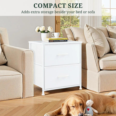 Cozy Two Drawer Nightstand With Removable Fabric Drawers And Wooden Top End Table beside couch in living room