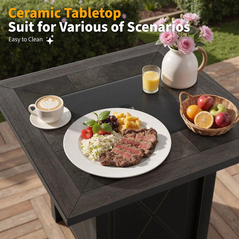 30 Inch Propane Fire Pit Table With Premium Ceramic Top, 50000 BTU Gas Firepit used as coffee table with food and flowers