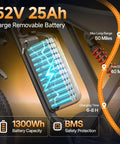 Close-up of 52V 25Ah battery on Rugged 3000W Peak Electric Dirt Bike For Adults And Teens Up To 35 MPH, 20 inch tire