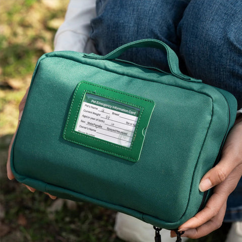 Green Rhino Rescue pet first aid kit in fabric case with Pet Emergency Information Card