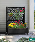 Outdoor Planter Boxes With Trellis Two Pack Resin Raised Garden Beds On Wheels With Drain Plugs For Climbing Plants in Black