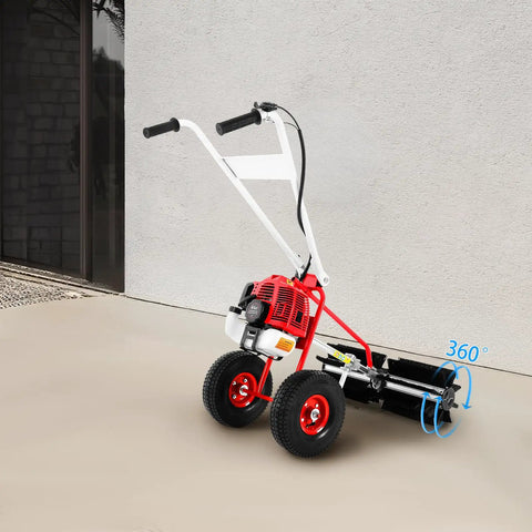 43cc Gas Walk Behind Push Sweeper For Outdoor Debris Cleanup. Features Wide 23 Inch Sweeping Path And Rolling Brush Brooms To Quickly Clear Leaves Grass Litter From Driveways Patios And Large Yards With Reliable Two Stroke Engine Power