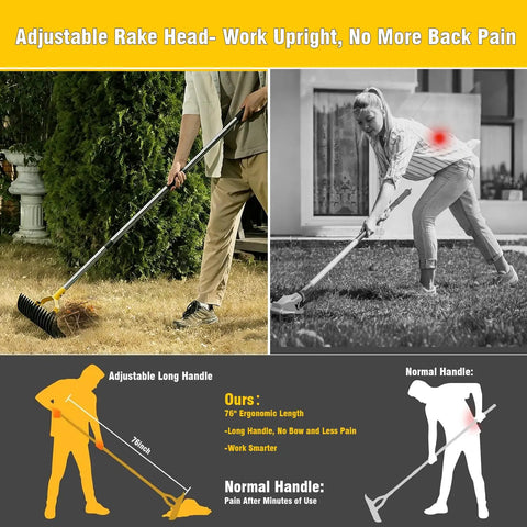 2 In 1 Lawn Dethatcher Rake With Dual Side Tines, Heavy Duty 15 Inch Rake With Adjustable 71.5 Inch Handle in use for lawn maintenance