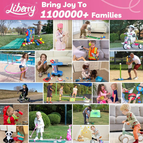Collage of kids playing outside with various toys, including Toddler Golf Set For Kids Aged 2 To 4 Boys And Girls Upgraded Golf Clubs
