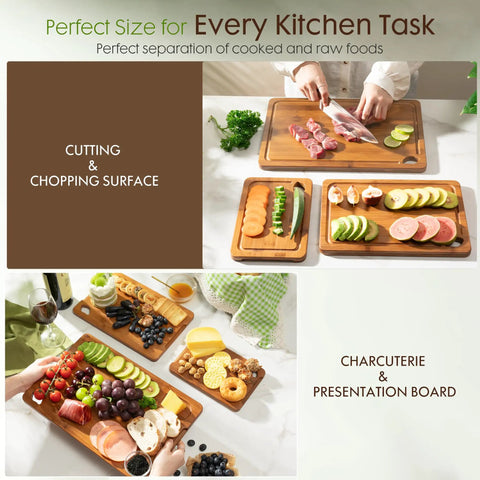 Top Shelf Deep Carbonized Bamboo Cutting Board With Sturdy Wood Storage Stand Reversible Charcuterie Surface Featuring Deep Juice Grooves and Cushioned Grip Handles Engineered To Handle Your Culinary Grind And Stay Smooth As Silk, cutting surface with meats and vegetables.