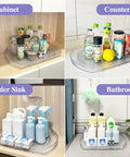 Rotating Lazy Susan Turntable Organizer Rectangular 16.5 Inch By 11.1 Inch showing use in cabinet, countertop, under sink, and bathroom.