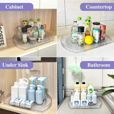 Rotating Lazy Susan Turntable Organizer Rectangular 16.5 Inch By 11.1 Inch showing use in cabinet, countertop, under sink, and bathroom.