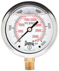Industrial Pressure Gauge With Two And A Half Inch Dial, A Real Workhorse, Liquid Filled Brass Internals In A Stainless Steel Case, Dual Scale 0 To 5000 PSI And KPa, 1.5 Percent Accuracy, Quarter Inch NPT Bottom Mount, Glycerin Filled.