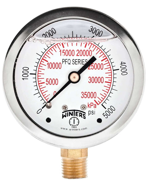 Industrial Pressure Gauge With Two And A Half Inch Dial, A Real Workhorse, Liquid Filled Brass Internals In A Stainless Steel Case, Dual Scale 0 To 5000 PSI And KPa, 1.5 Percent Accuracy, Quarter Inch NPT Bottom Mount, Glycerin Filled.