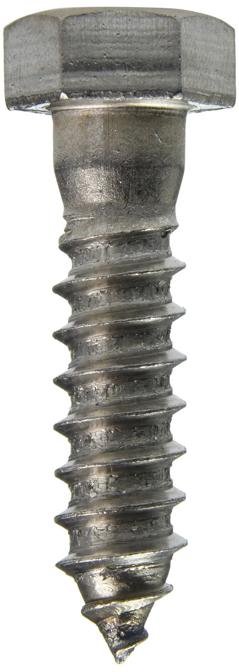 Close-up of a stainless steel hex lag screw from Stainless Steel Hex Lag Screws Half Inch By Two Inch Set 25 Pack Heavy Duty Wood Fasteners.