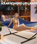 Double Outdoor Hammock With Twelve Foot Stand And Solar Powered Lights Portable Two Person Hammock With Stand In Dark Blue for patio