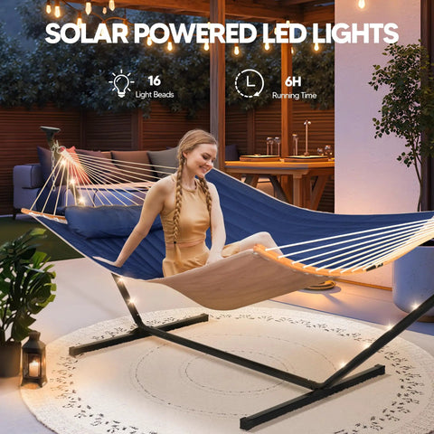 Double Outdoor Hammock With Twelve Foot Stand And Solar Powered Lights Portable Two Person Hammock With Stand In Dark Blue for patio