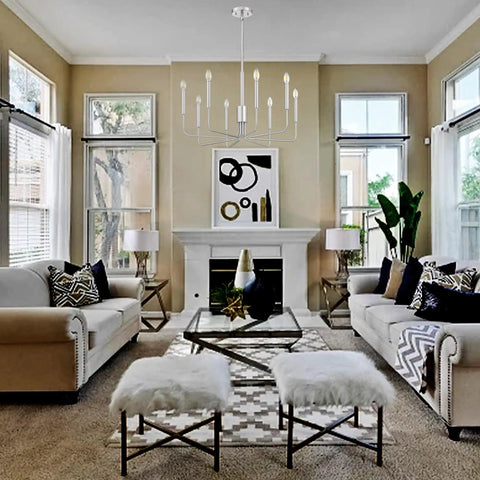 8 Light Rustic Industrial Chandeliers With Brushed Nickel Finish in a modern living room setting