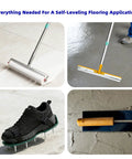 Spiked Roller Self Leveling Kit For Epoxy And Concrete Projects With Splash Guard Spike Shoes Paint Roller Trowel Scraper Leveling Rake Extension Pole Pro Grade All In One showing tools and spike shoe