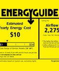 Energy guide label showing $10 yearly cost and 2,275 CFM airflow for 36 Inch Crystal Fandelier Ceiling Fan With Lights Retractable Invisible Modern Chandelier Ceiling Fan Remote Control Chrome Finish Six Speeds Three Color Options Ideal For Bedroom Or Living Room That Is Lit.