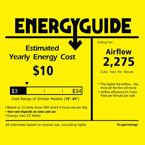 EnergyGuide label for Dope 36 Inch Dimmable Crystal Ceiling Fan With Retractable Blades Modern Fandelier Light Fixture Remote Control Chandelier Style Ceiling Fan For Bedroom And Living Room Polished Nickel Finish showing $10 estimated annual cost and 2,275 CFM airflow